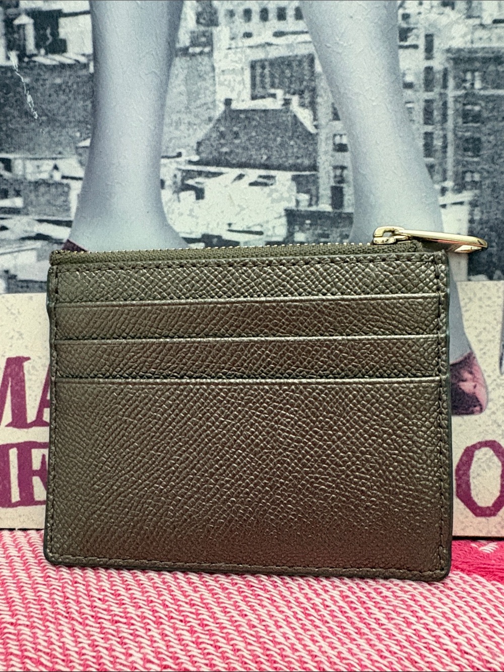 Furla metallic olive Green and Brown Pebbled Leather Card Case - Picture 2 of 8